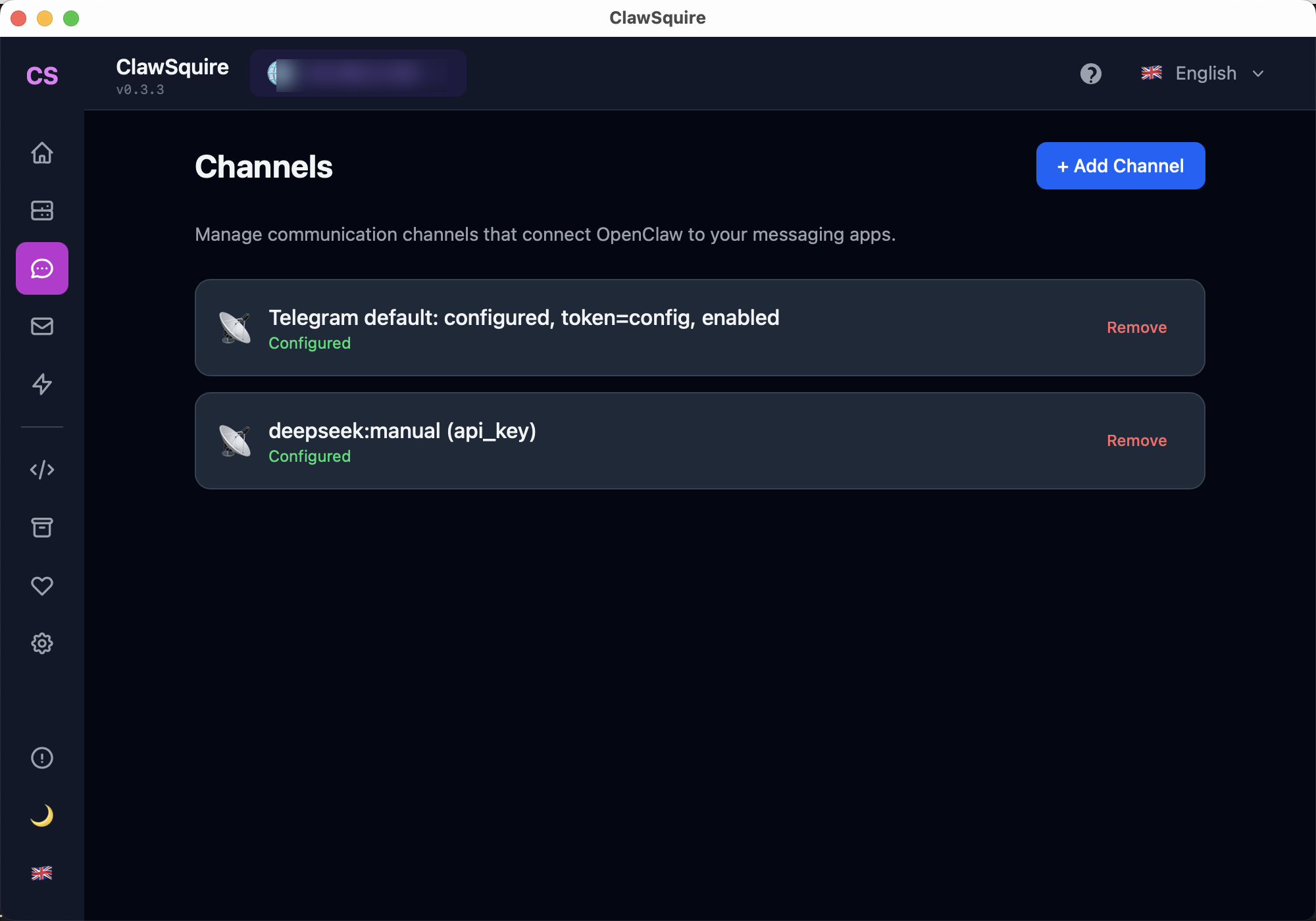 ClawSquire Channels page connected to remote VPS showing Telegram channel configured and enabled, DeepSeek provider configured, with blue Add Channel button for adding WhatsApp, Discord, and other messaging platforms