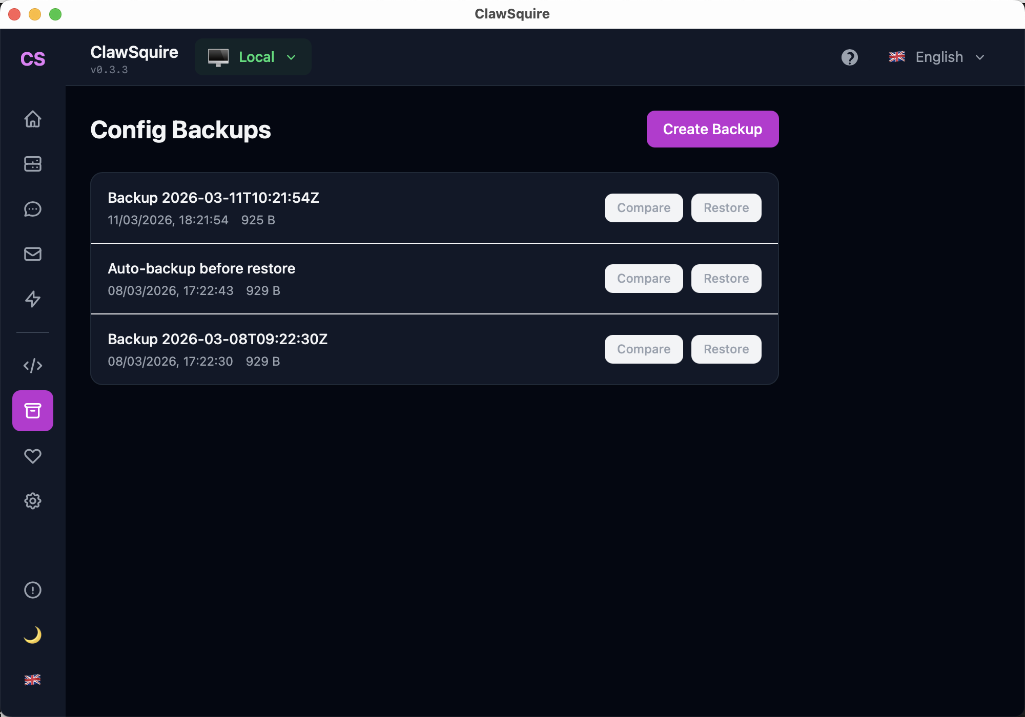 ClawSquire Config Backups showing 3 versioned backups with timestamps, file sizes, Create Backup button, and Compare/Restore actions for safe config management
