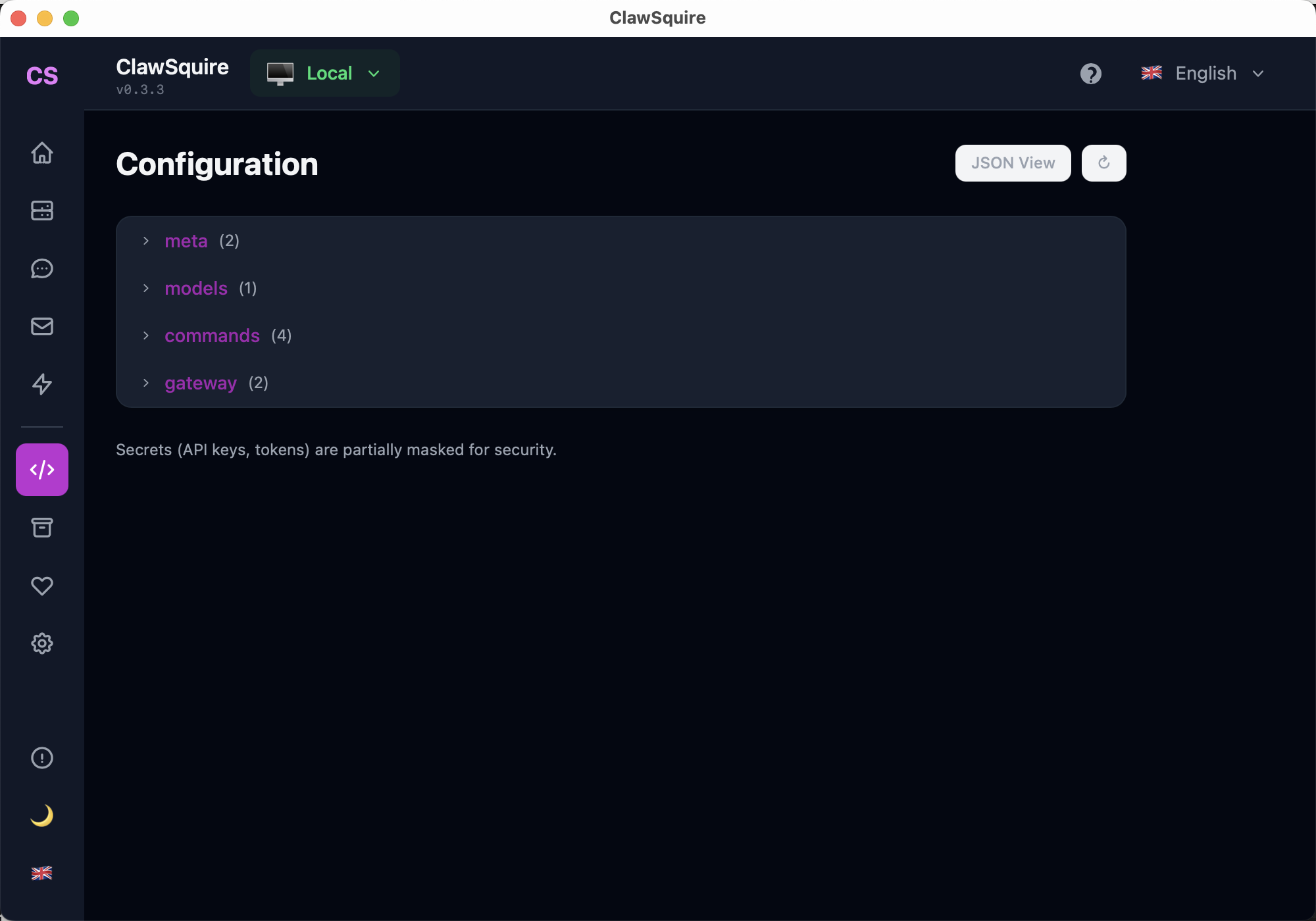ClawSquire Configuration viewer showing OpenClaw config tree with collapsible sections: meta (2), models (1), commands (4), gateway (2) — secrets are partially masked for security, with JSON View toggle
