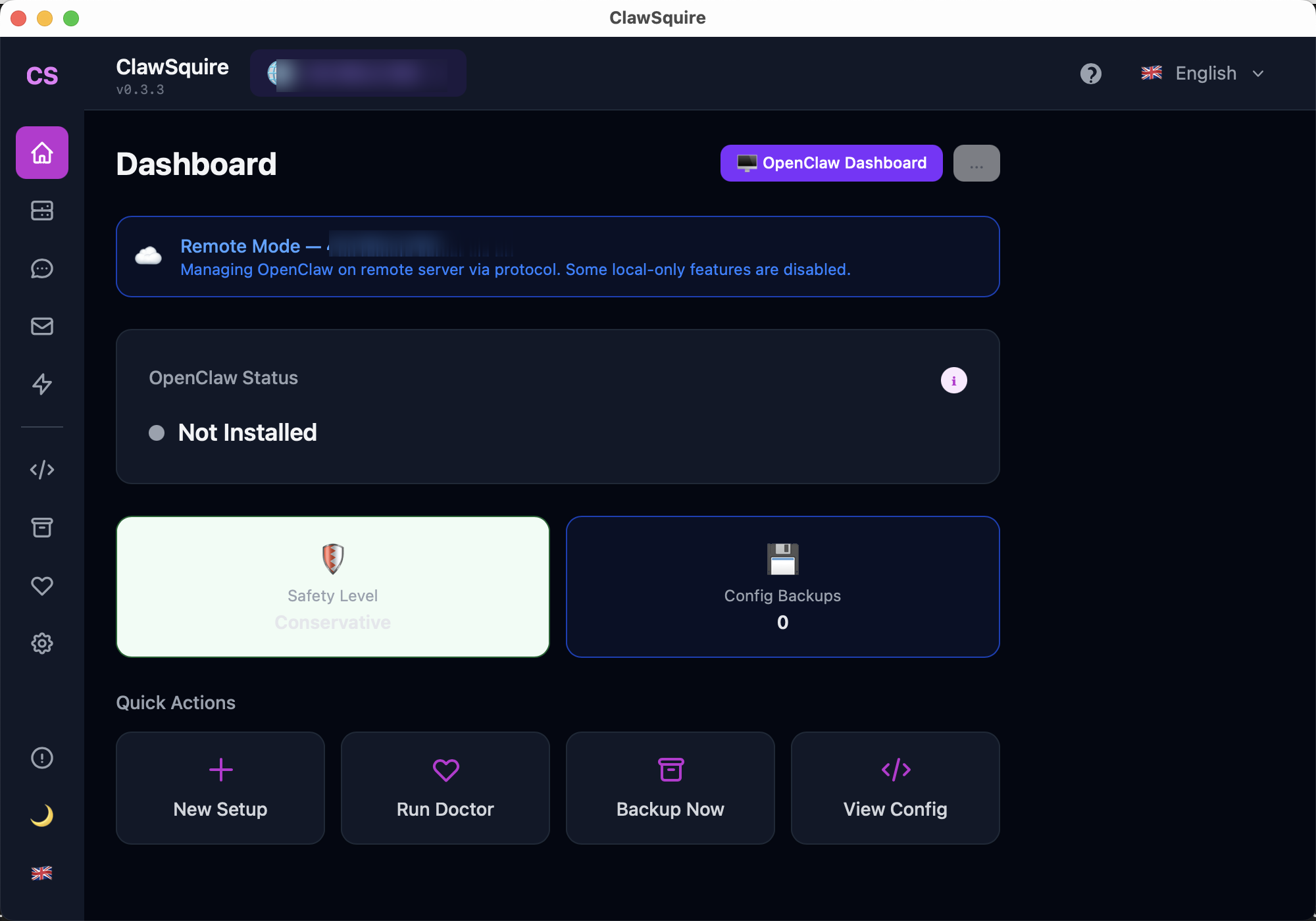 ClawSquire Dashboard in Remote Mode connected to a VPS showing OpenClaw Dashboard button, Safety Level Conservative, Quick Actions for setup and health check