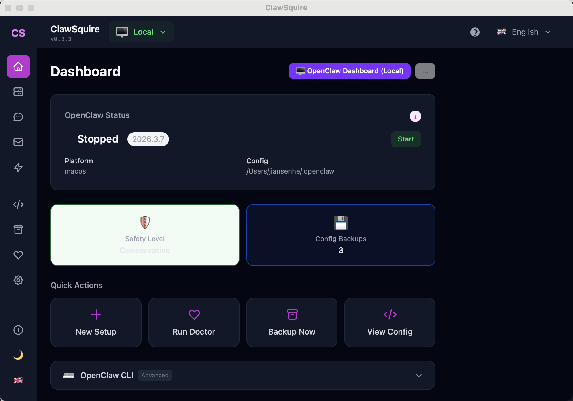 ClawSquire Dashboard showing OpenClaw v2026.3.7 on macOS with Safety Level Conservative, 3 Config Backups, Quick Actions (New Setup, Run Doctor, Backup Now, View Config), and OpenClaw CLI Advanced section
