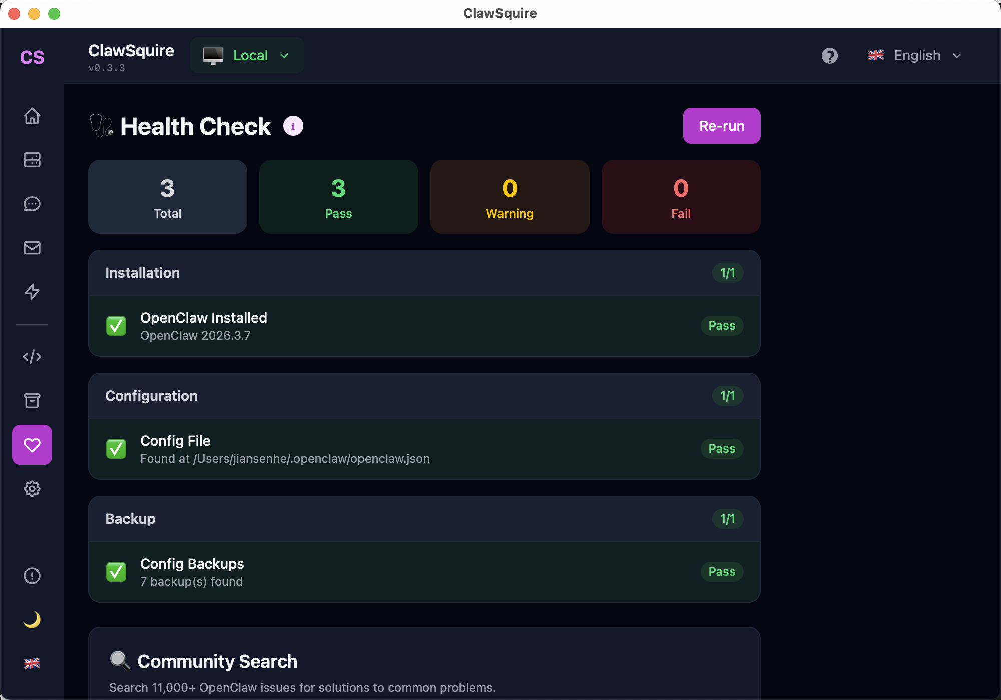 ClawSquire Health Check showing 3 Total, 3 Pass, 0 Warning, 0 Fail — verifying OpenClaw installation, config file location, and backup count after VPS setup