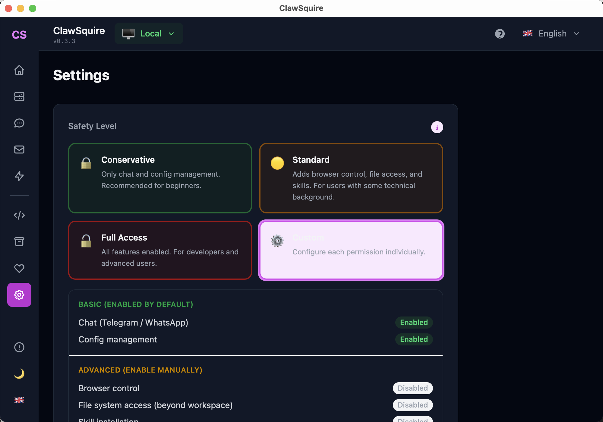 ClawSquire Settings showing Safety Level selection: Conservative (chat and config only), Standard (browser control, file access, skills), Full Access (all enabled), Custom — with per-feature enabled/disabled toggles for Chat, Config, Browser, File system, Skill installation
