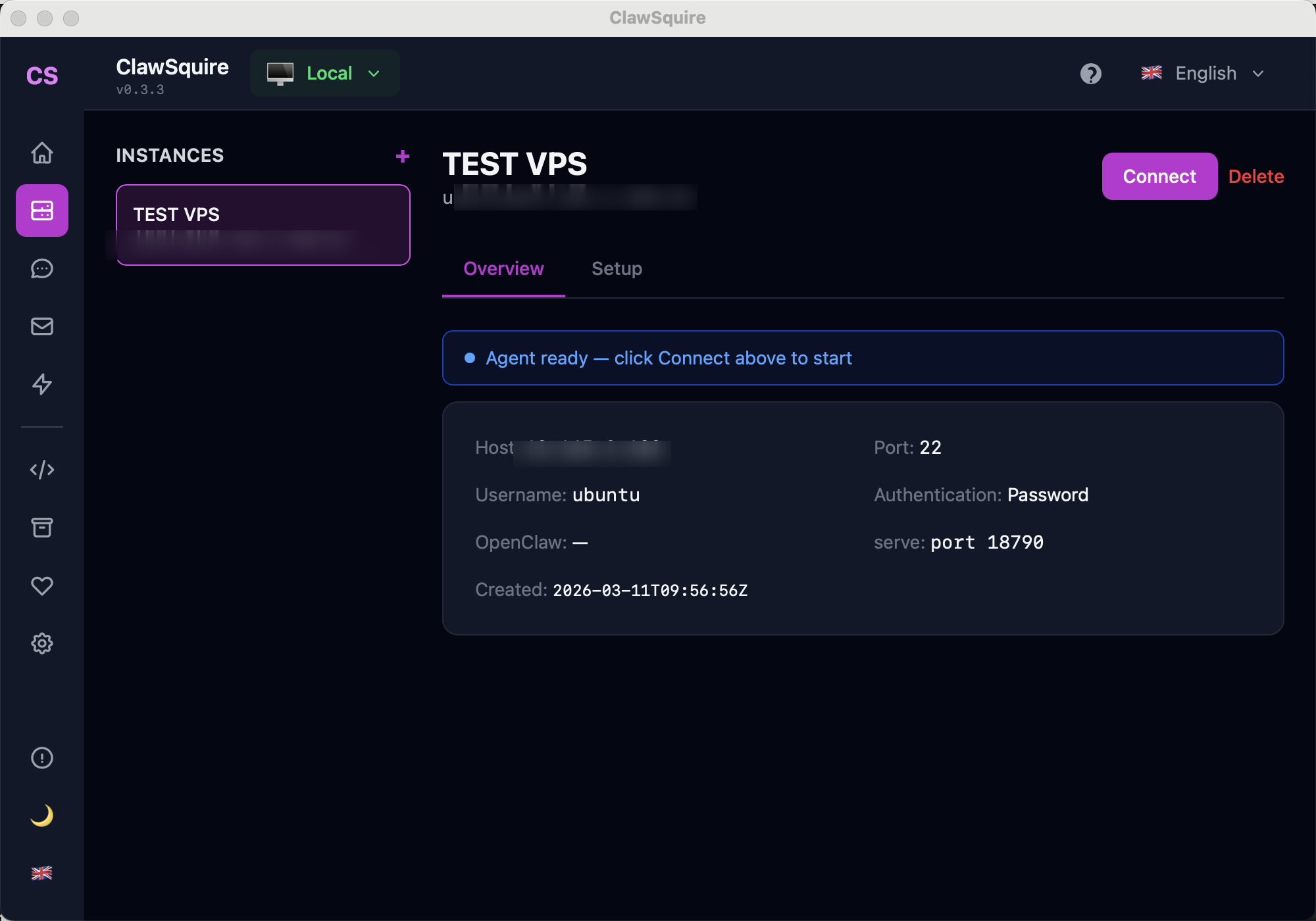 ClawSquire VPS Manager showing TEST VPS instance with host IP, SSH port 22, ubuntu user, password authentication, and green Connect button — agent ready status with automatic SSH tunnel setup